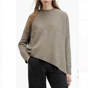 AllSaints Lock Wool Blend Crewneck Asymmetrical Sweater Size L Taupe Brown
